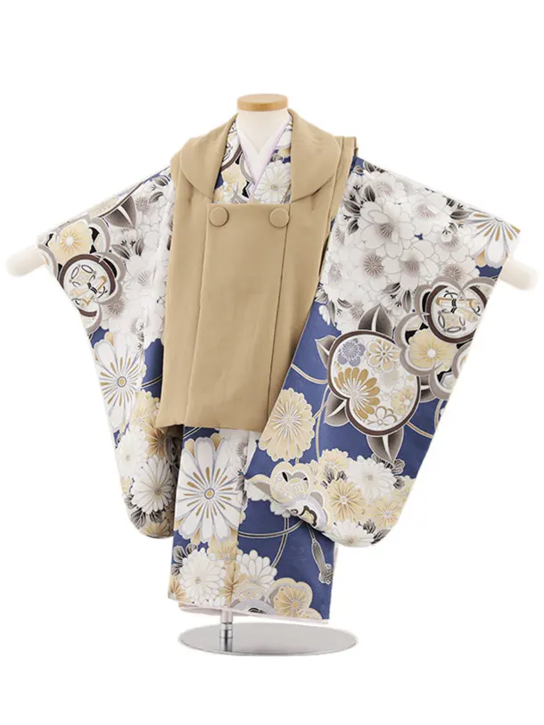 七五三レンタル(3歳男児被布)W428 ベージュ×青地橘桜