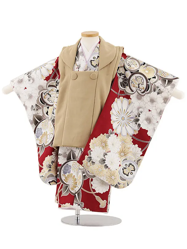 七五三レンタル(3歳男児被布)W430 ベージュ×赤橘桜