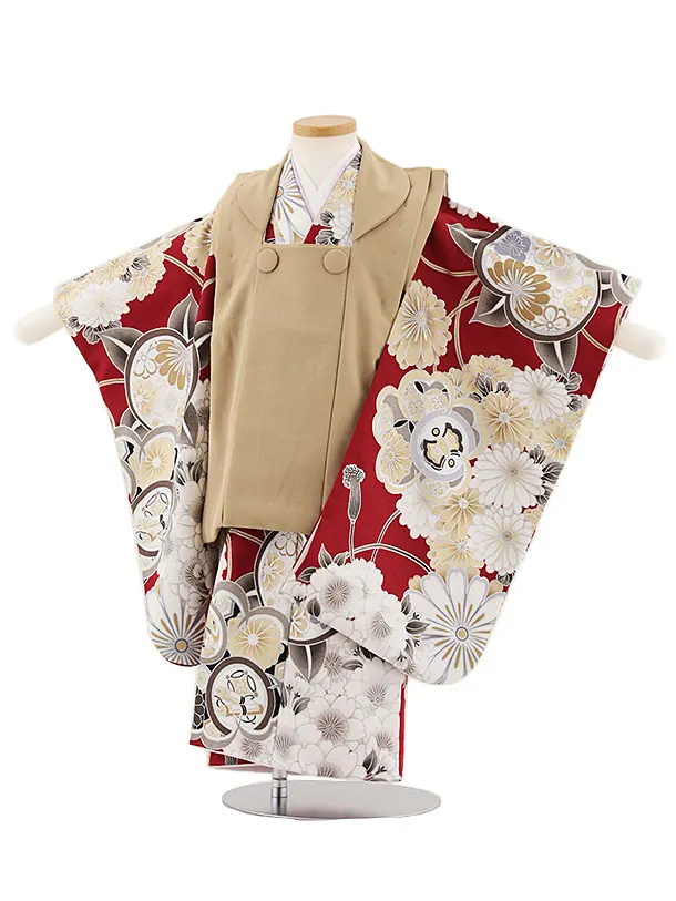 七五三レンタル(3歳男児被布)W434 ベージュ×赤橘桜