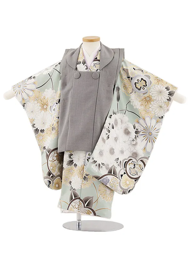 七五三レンタル(3歳男児被布)W435 グレー×グリーン橘桜