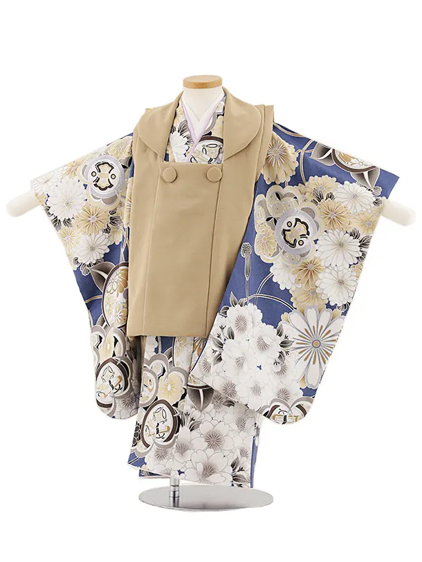 七五三レンタル(3歳男児被布)W436 ベージュ×青地橘桜