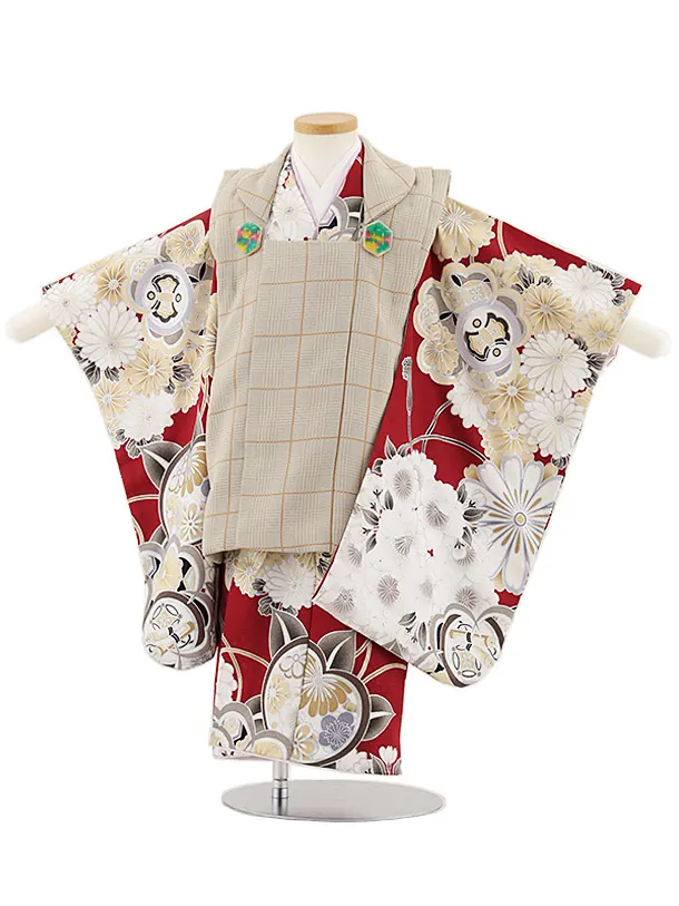 七五三レンタル(3歳男児被布)W438 ベージュ格子×赤橘桜