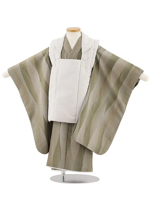 七五三レンタル(3歳男児被布)W439 白×オリーブ変わり柄