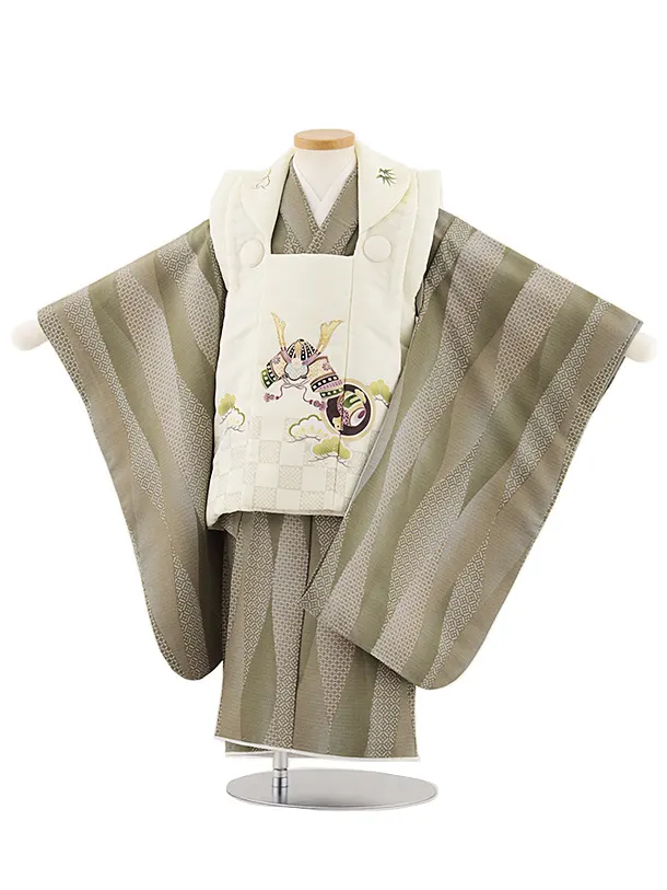 七五三レンタル(3歳男児被布)W441 ベージュ兜×オリーブ変わり柄