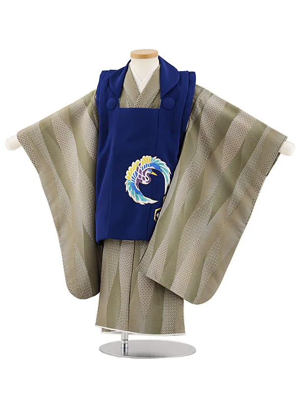 七五三レンタル(3歳男児被布)W442 青地刺繍鶴丸×オリーブ変わり柄