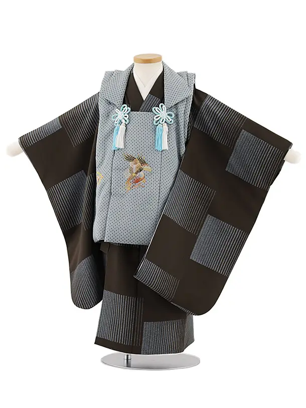 七五三レンタル(3歳男児被布)W445 ブルーグレー刺繍鷹×ブラウン