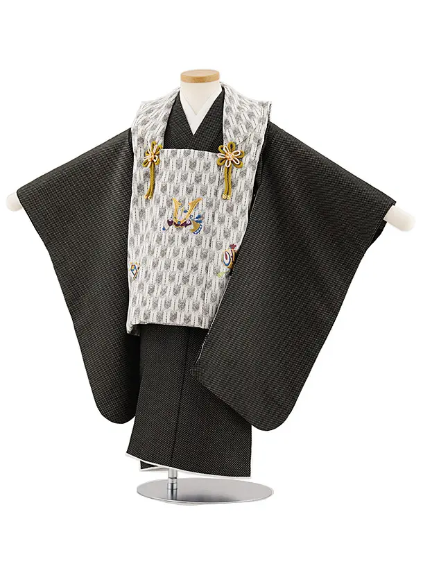 七五三レンタル(3歳男児被布)W448 白矢柄刺繍兜×黒