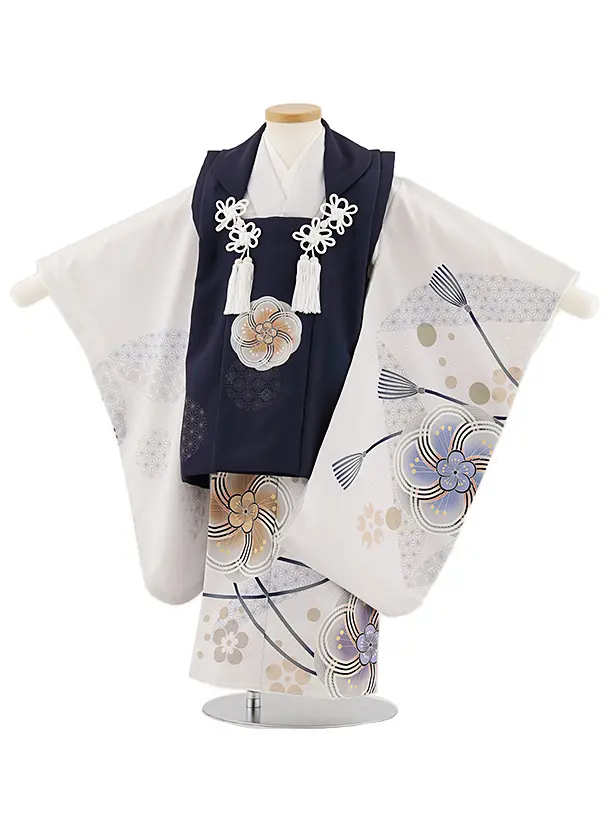 七五三レンタル(3歳男児被布)W034紺刺繍鷹xグレージュ宝尽し