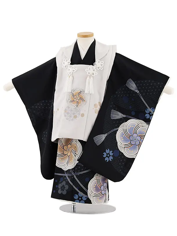 七五三レンタル(3歳男児被布)W450 薄グレー×黒地ねじり梅