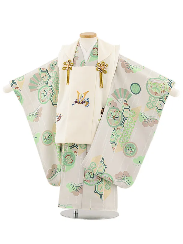 七五三レンタル(3歳男児被布)W453 クリーム兜刺繍×ベージュ矢柄