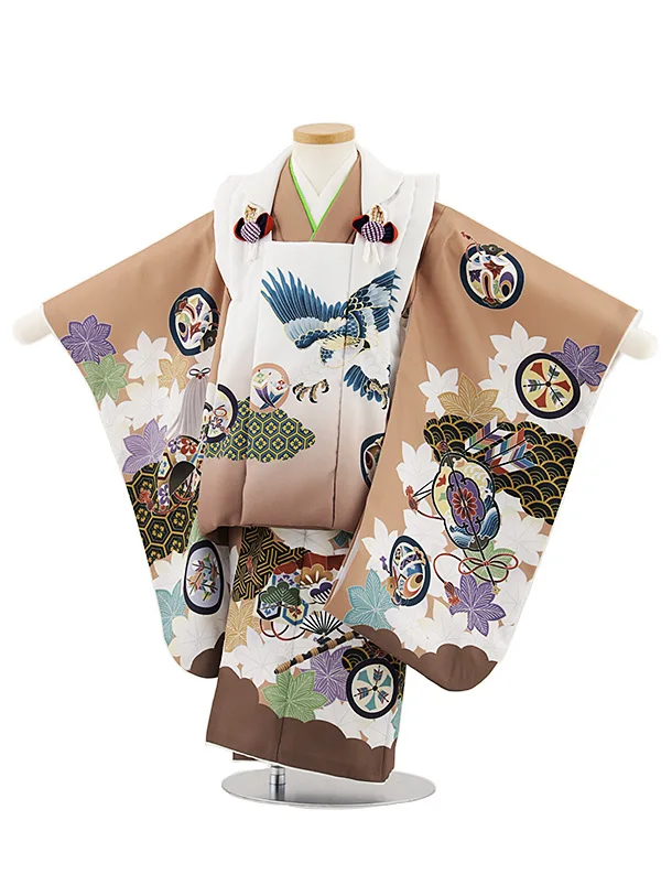 七五三レンタル(3歳男児被布)W455 白地鷹×キャメルベージュ楓に丸紋