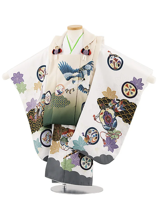 七五三レンタル(3歳男児被布)W456 ベージュ鷹×白地楓に丸紋