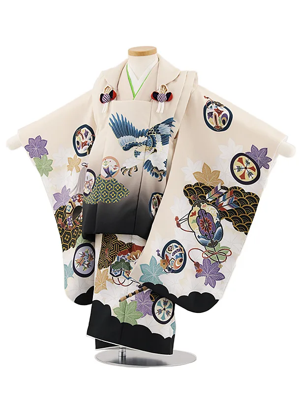 七五三レンタル(3歳男児被布)W457 ベージュ鷹×ベージュ楓に丸紋