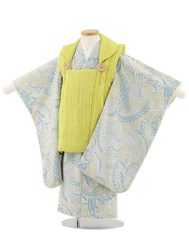 七五三レンタル(3歳男児被布)W460 ライムグリーン×水色変わり柄