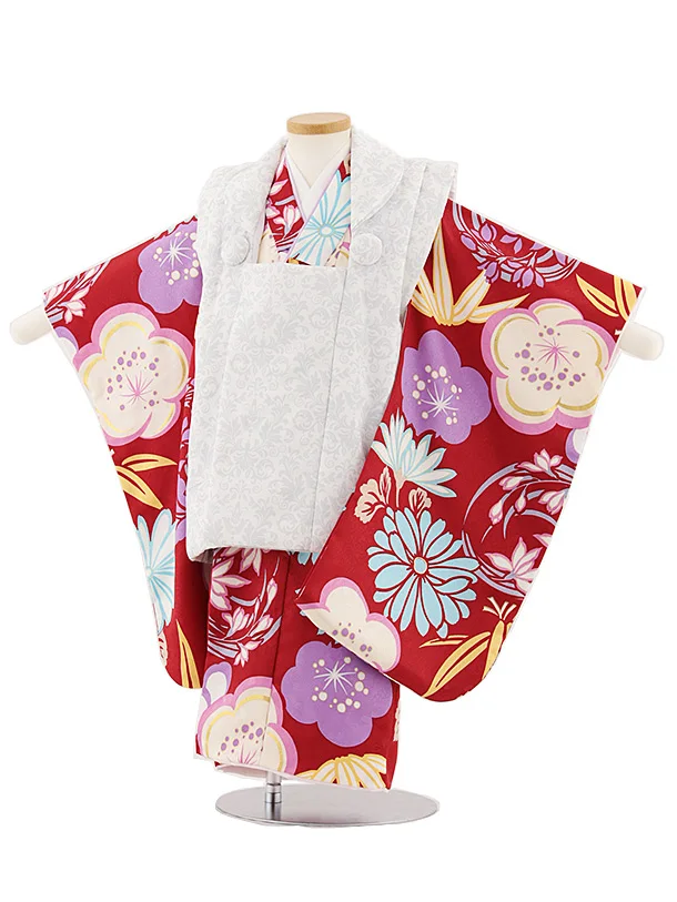七五三レンタル(3歳男児被布)W462 白地ダマスク×赤梅菊