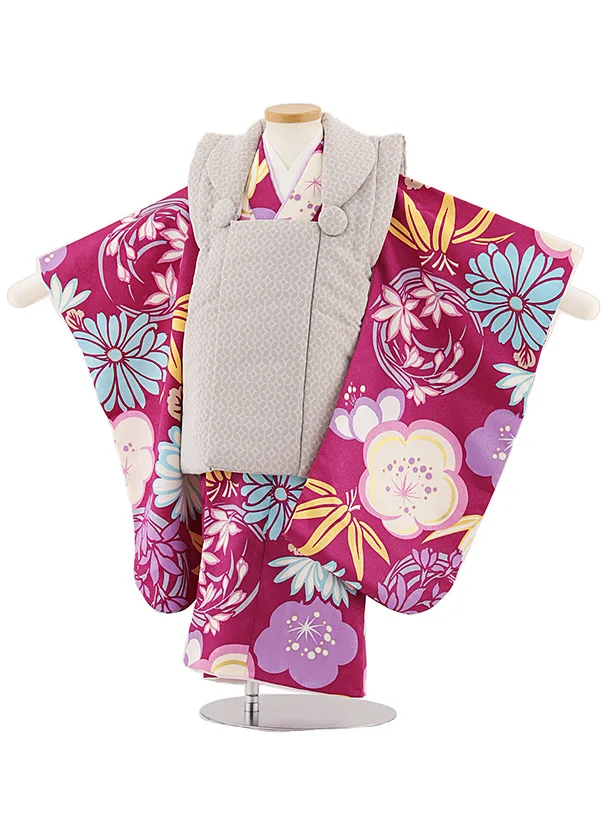 七五三レンタル(3歳男児被布)W463 グレージュ七宝×チェリーピンク梅菊