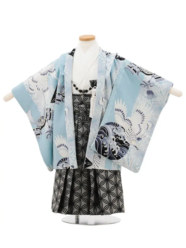 かんたん(3.4歳袴)W466 JAPAN STYLE 水色 鷹に乱菊縞×グレー