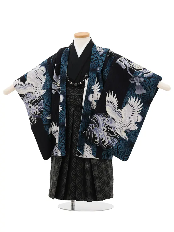 かんたん(3.4歳男児袴)W467 JAPAN STYLE 紺地 鷹に乱菊縞×黒