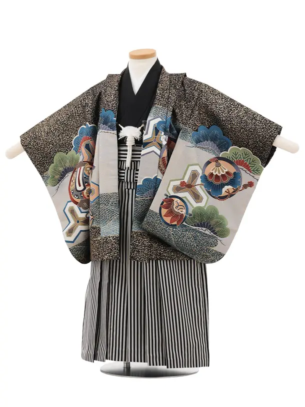 かんたん(3.4歳男児袴)W468 黒金 霜降り宝舟×黒縞