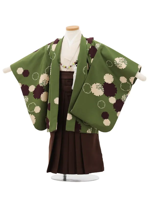 かんたん(3.4歳男児袴)W472 ラフィネココ グリーン雪輪×ブラウン