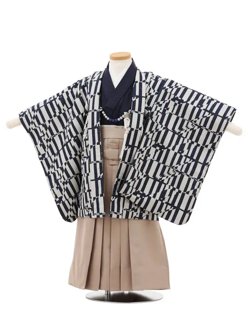 かんたん(3.4歳男児袴)W475 ラフィネココ 白紺幾何学×ベージュ