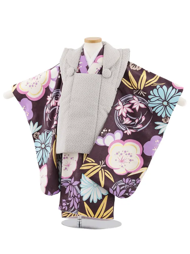 七五三レンタル(3歳男児被布)W480 グレージュ七宝×パープル梅菊