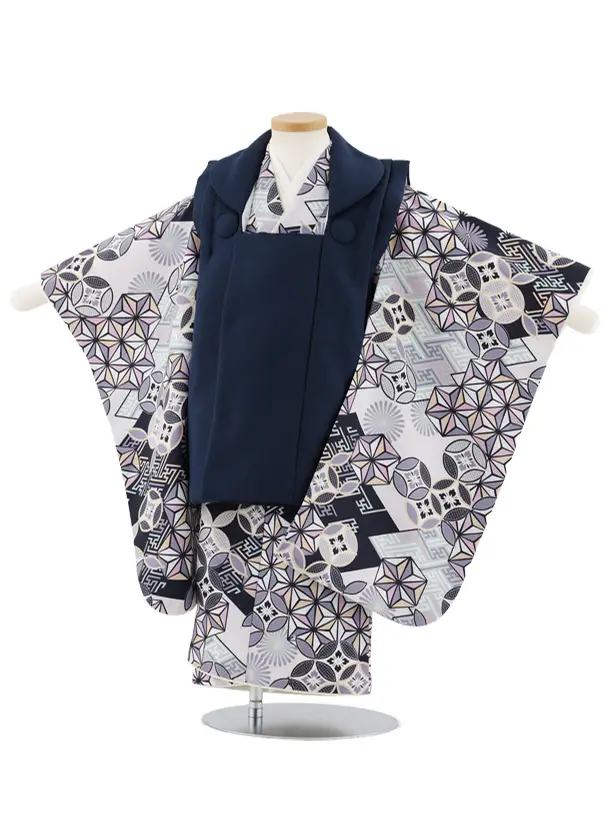 七五三レンタル(3歳男児被布)W482 紺×ベージュ七宝変わり柄