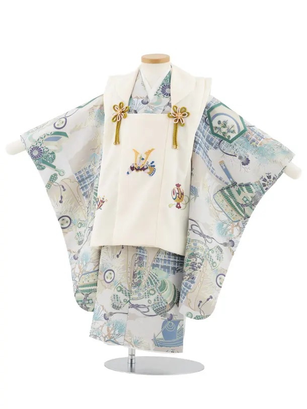 七五三レンタル(3歳男児被布)W483 クリーム刺繍兜×グレー兜に松