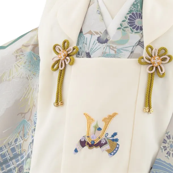 七五三 男の子 被布着物セット 七五三レンタル(3歳男児被布)W483 クリーム刺繍兜×グレー兜に松