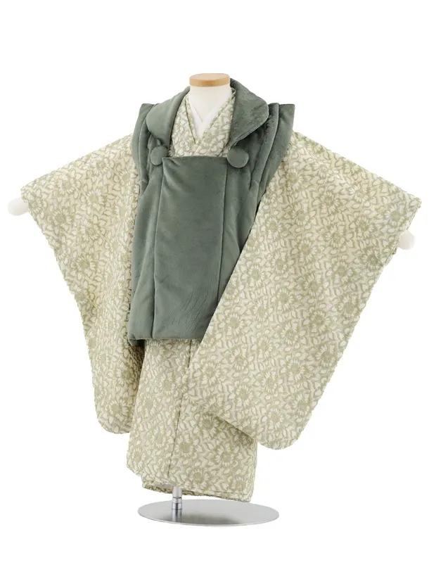 七五三レンタル(3歳男児被布)W484 グリーンベルベット×レースフラワー