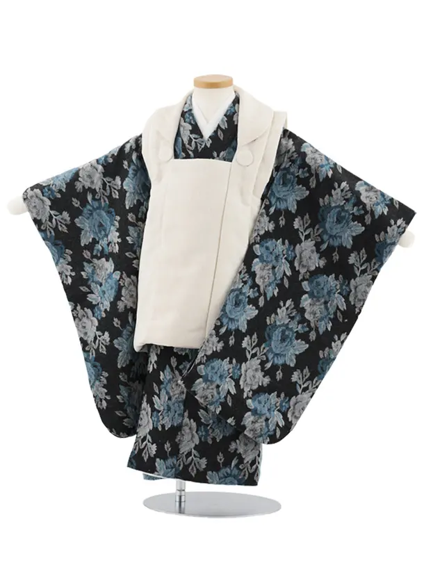 七五三レンタル(3歳男児被布)W485 オフホワイト×黒地花