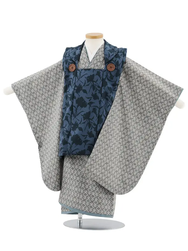 七五三レンタル(3歳男児被布)W034紺刺繍鷹xグレージュ宝尽し