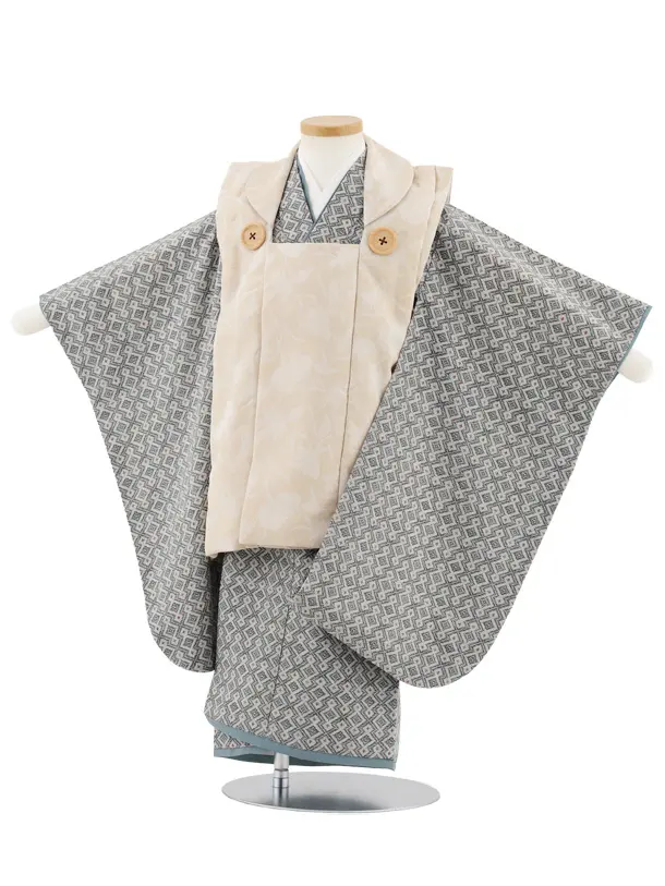 七五三レンタル(3歳男児被布)W493 ベージュ×グレー松皮菱紋