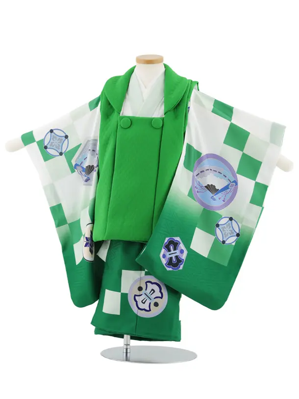 七五三レンタル(3歳男児被布)W495 グリーン×格子に丸紋