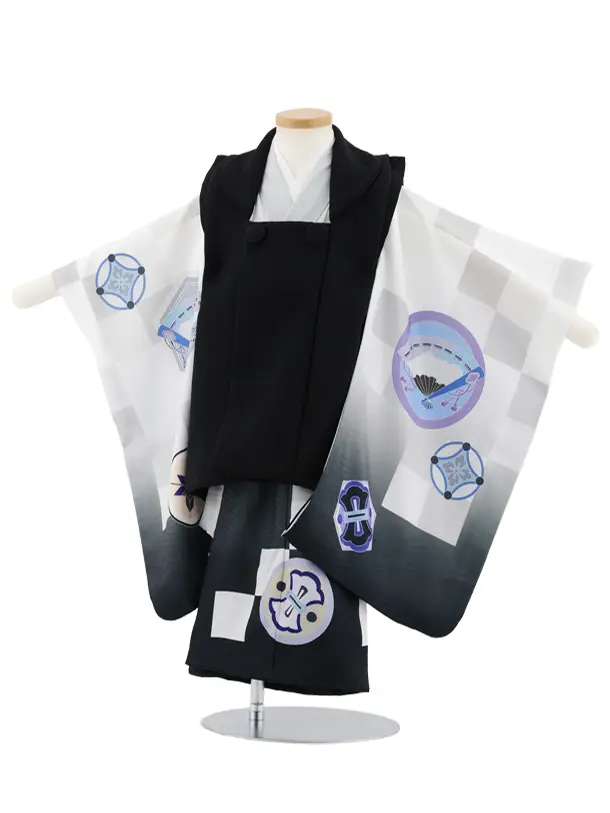 七五三レンタル(3歳男児被布)W496 黒×グレー格子に丸紋