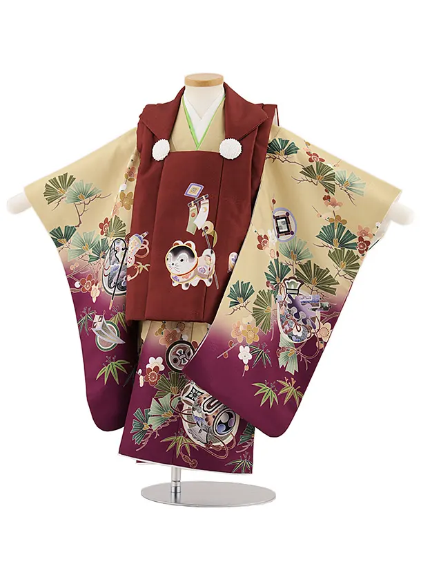七五三(2歳男児被布)W501 茶 犬張り子×ベージュパープルぼかし松竹梅