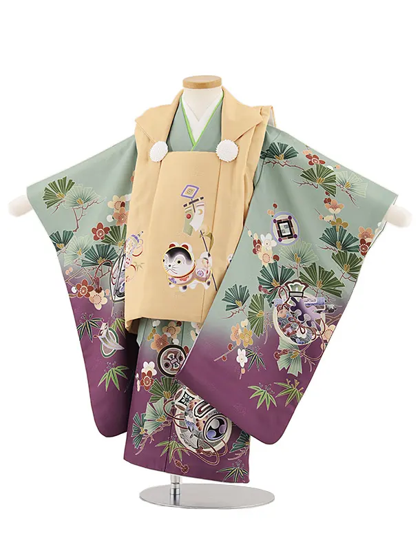 七五三レンタル(2歳男児被布)W502 ベージュ犬張り子×緑パープルぼかし松竹梅