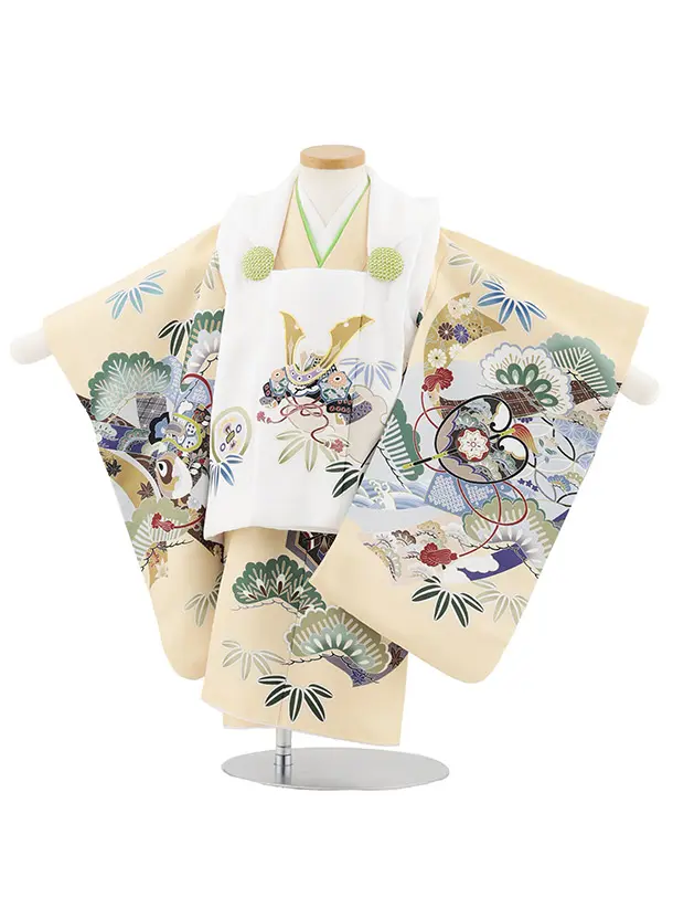 七五三レンタル(2歳男児被布)W504 白地兜×ベージュ吉祥文様