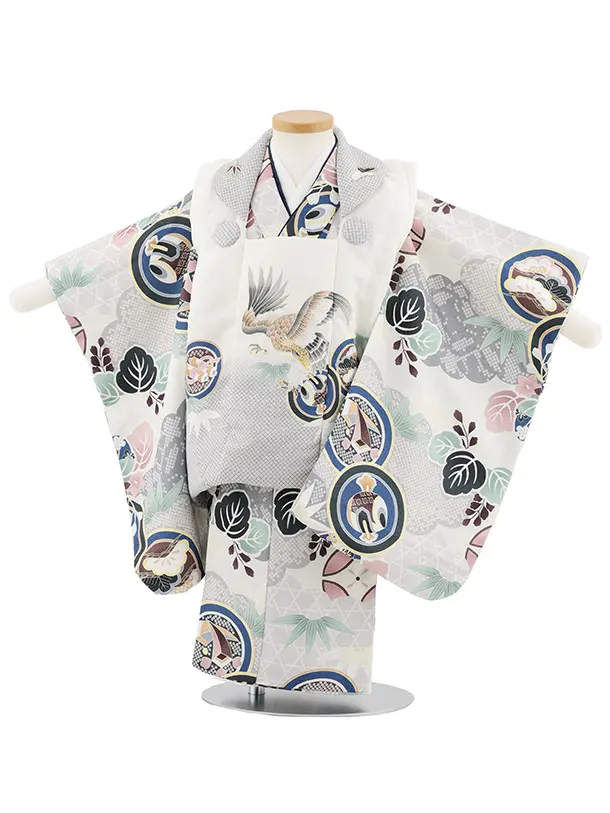 七五三レンタル(2歳男児被布)W508 白グレー鷹×アイボリー雲取りに丸紋