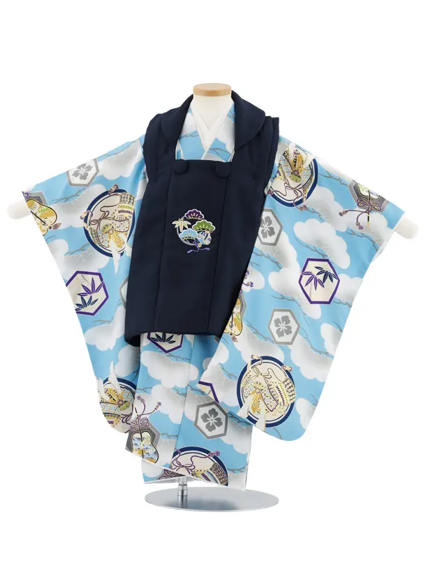 七五三レンタル(3歳男児被布)W509 小町kids 紺地刺繍×水色九紋兜に松