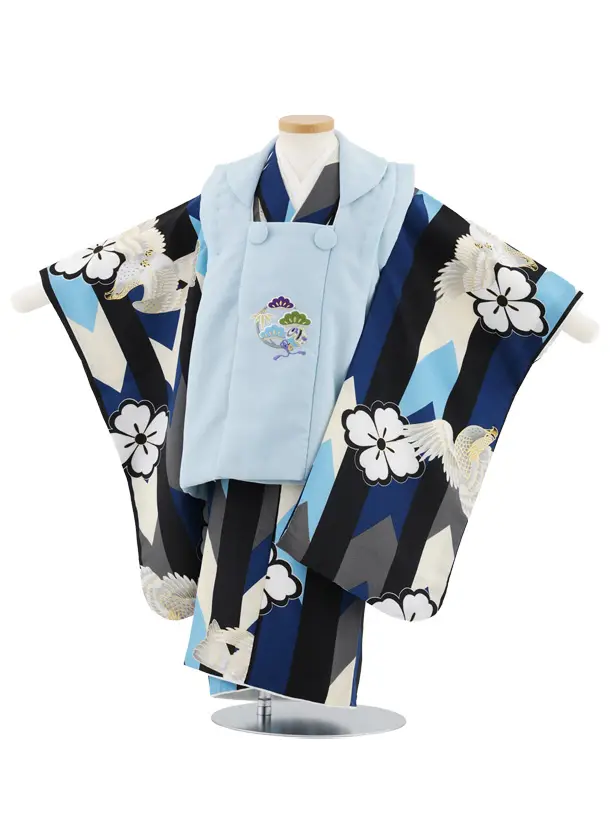 七五三レンタル(3歳男児被布)W518 小町kids 水色刺繍×青ストライプに鷹