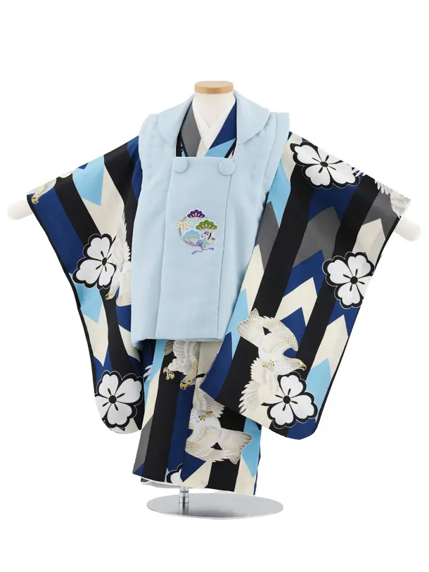 七五三レンタル(3歳男児被布)W519 小町kids 水色刺繍×青ストライプに鷹