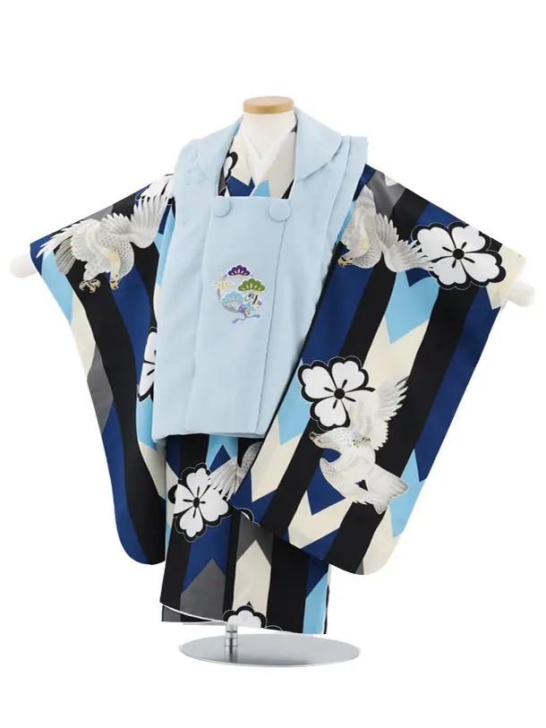 七五三レンタル(3歳男児被布)W520 小町kids 水色刺繍×青ストライプに鷹