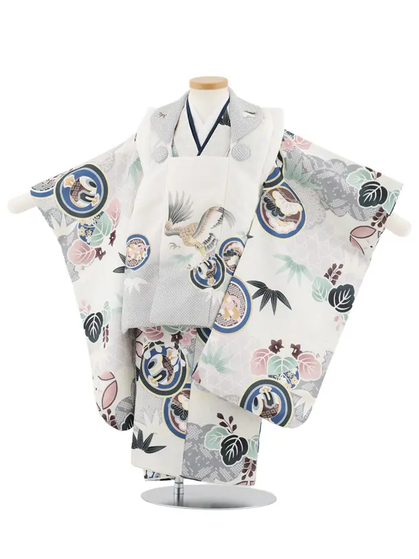 七五三レンタル(3歳男児被布)W521 白グレー鷹×雲取りに丸紋