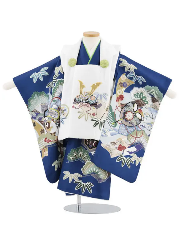 七五三レンタル(3歳男児被布)W526 白兜×青 松熨斗 軍配