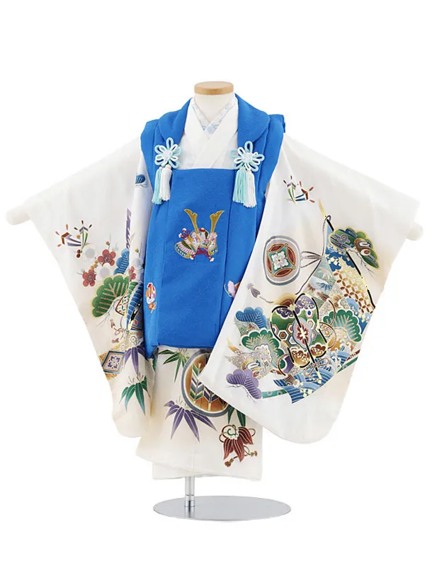 七五三レンタル(3歳男児被布)W548【正絹】青地刺繍兜×白地吉祥文様