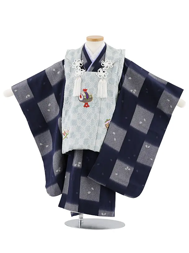 七五三(3歳男児被布)W549【正絹】ブルーグレー刺繍小槌×紺地変わり市松