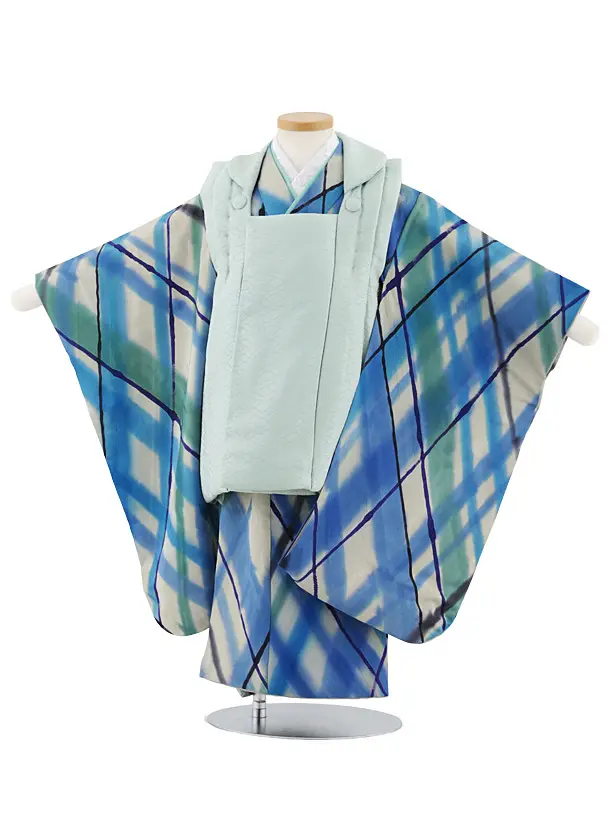 七五三レンタル(3歳男児被布)W550【正絹】ヒワ色×ブルーグレーチェック