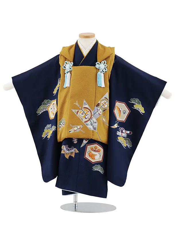 七五三レンタル(3歳男児被布)W552【正絹】金茶矢羽根×紺地 吉祥文様