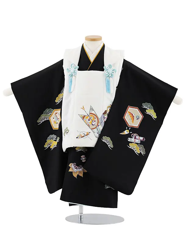 七五三レンタル(3歳男児被布)W553【正絹】白地矢羽根×黒地 吉祥文様